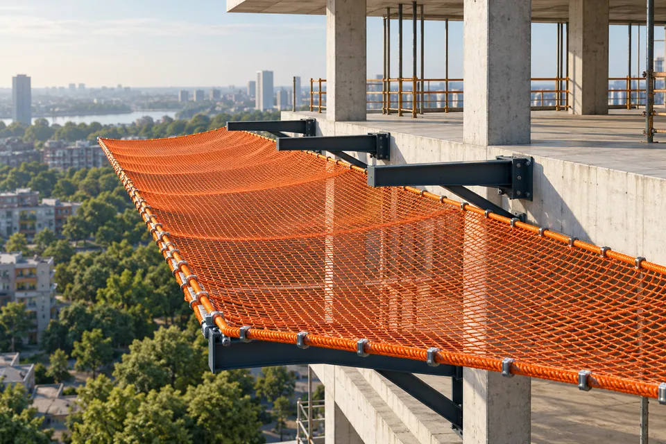 Betonarme kat kenarında çelik konsollar üzerinde turuncu güvenlik ağı.