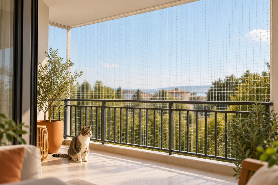 Balkon açıklığını çevreleyen ince file, mevcut korkuluk ve zeminde sakin duran kedi.